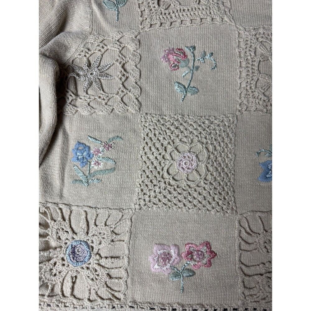 Emerald Isle Floral Patchwork Knit Sweater Beige Cottagecore Vintage Size M - Picture 5 of 8